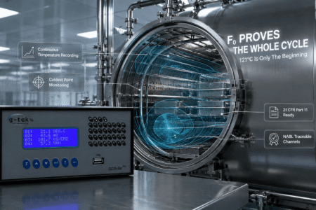 F0 sterilization monitoring with continuous temperature recording