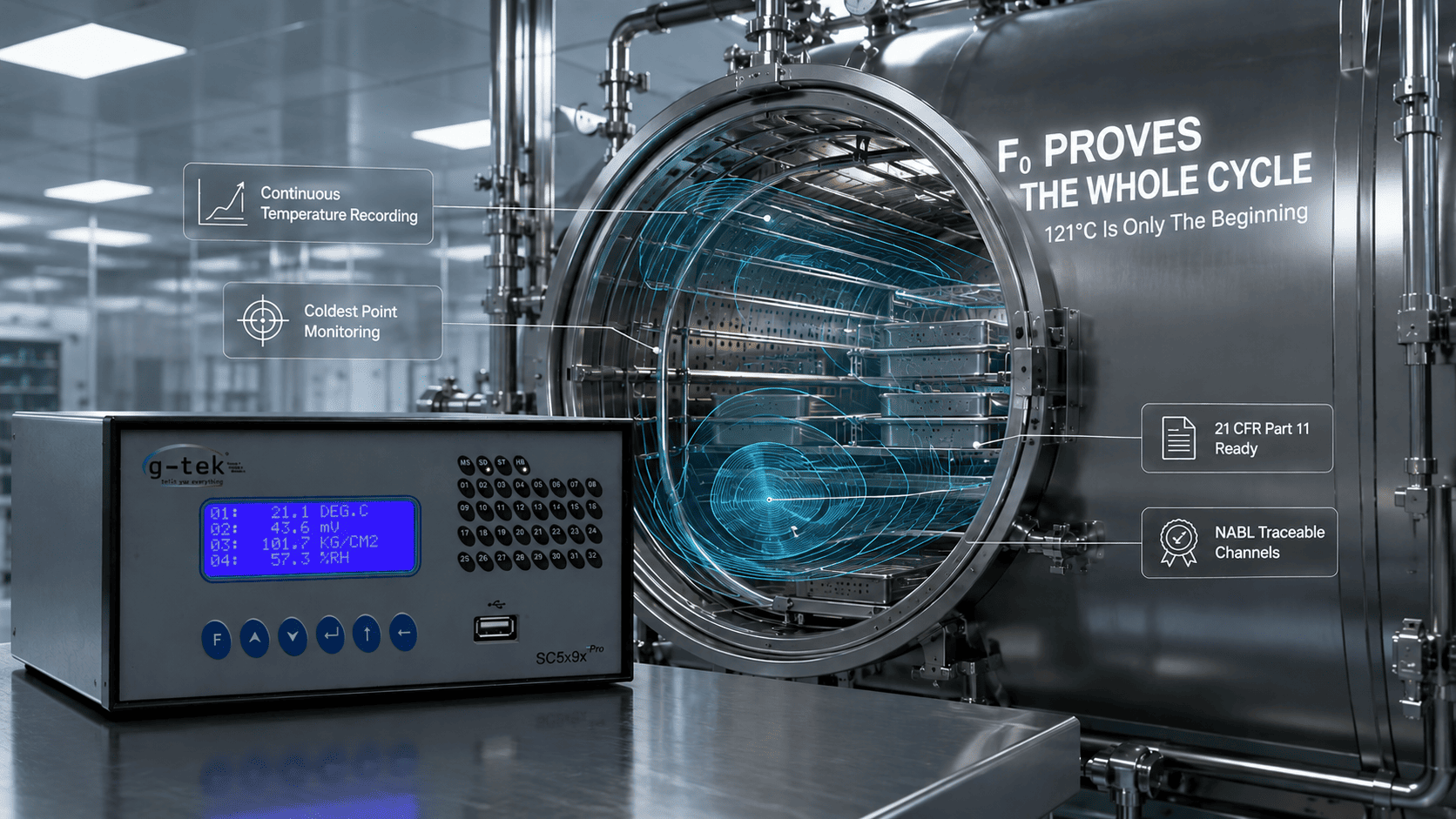 F0 sterilization monitoring with continuous temperature recording