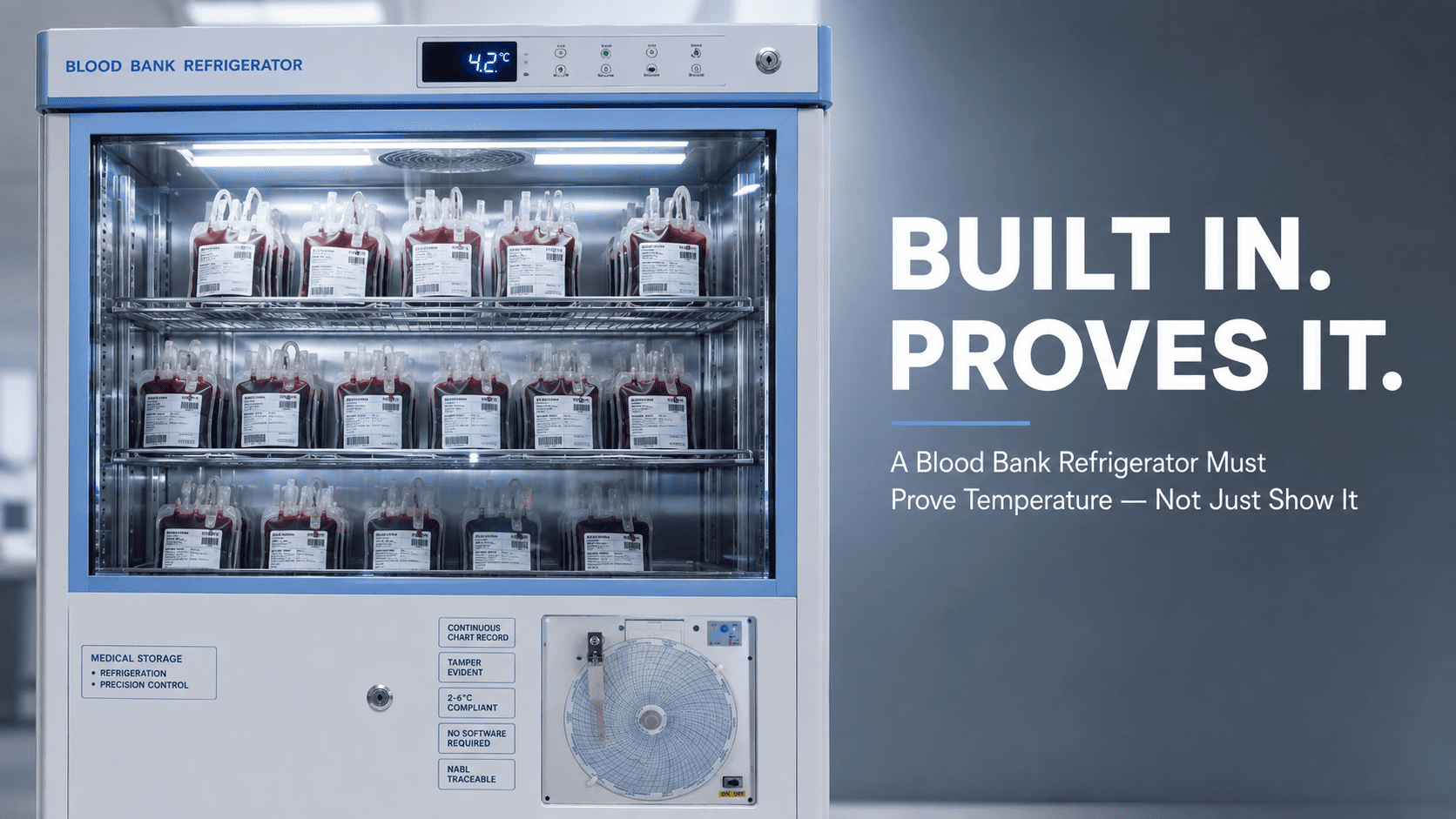 Blood bank refrigerator chart recorder for continuous temperature monitoring
