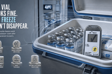Freeze indicator for vaccines showing irreversible freezing exposure