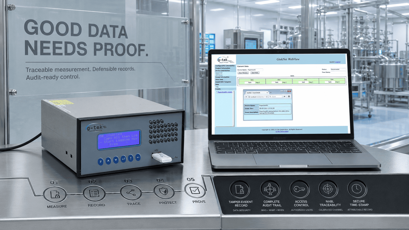 Audit-ready temperature monitoring system with audit trail and calibration traceability