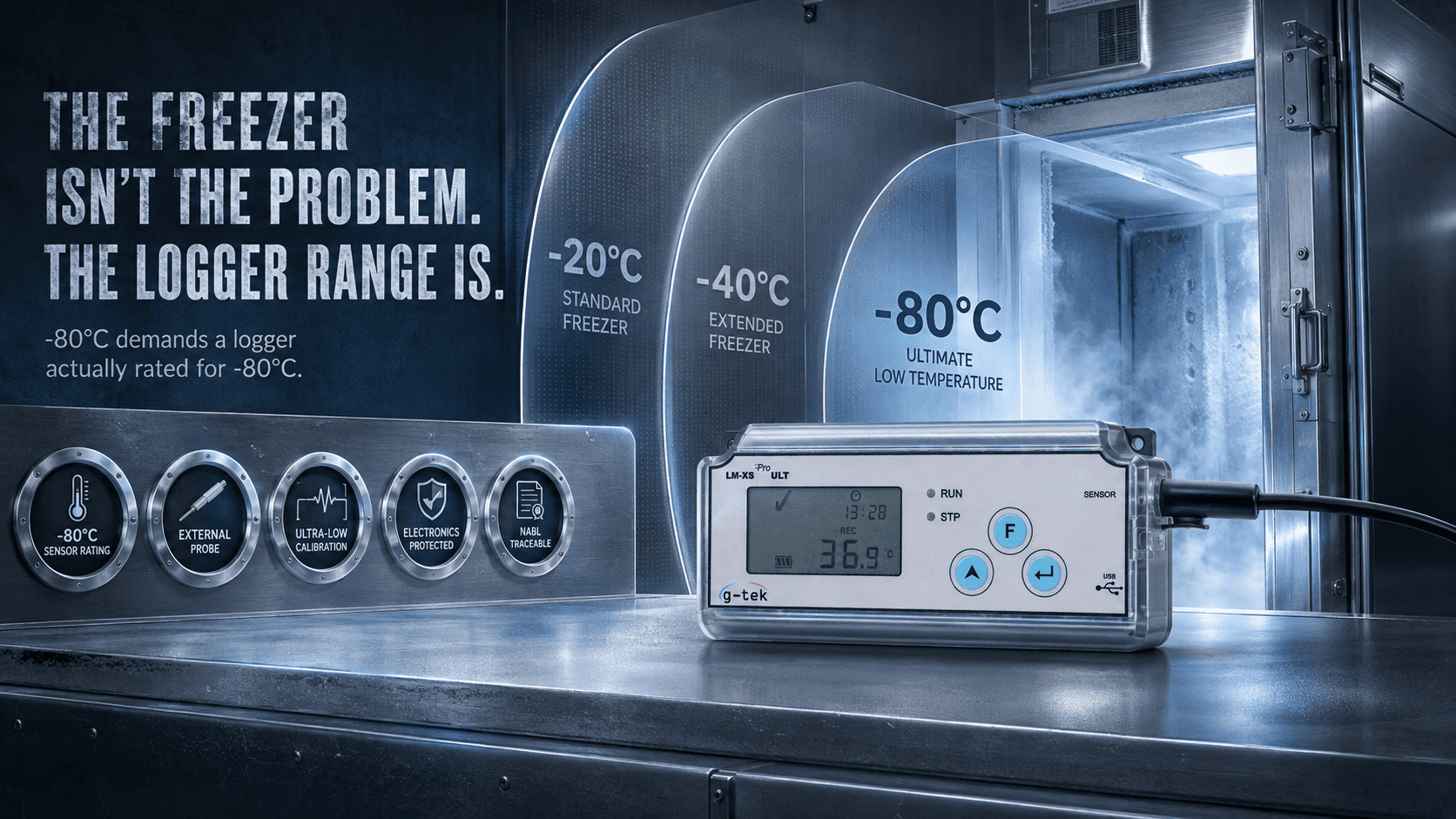 Ultra-low temperature data logger with external sensor for minus 80°C storage