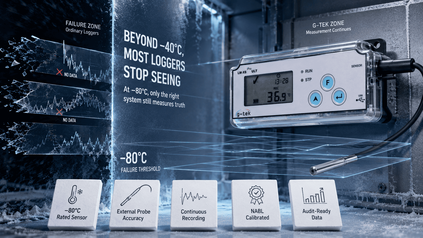 ULT freezer temperature monitoring with external sensor at minus 80°C