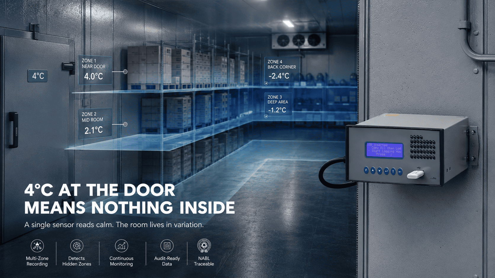 Walk-in cold room temperature monitoring across multiple storage zones