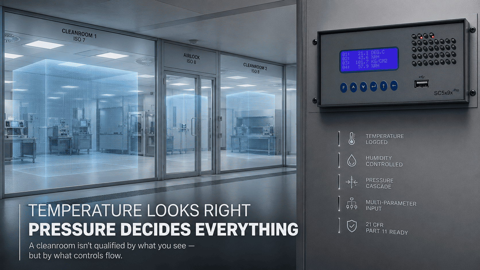 Cleanroom AHU monitoring for temperature humidity and differential pressure