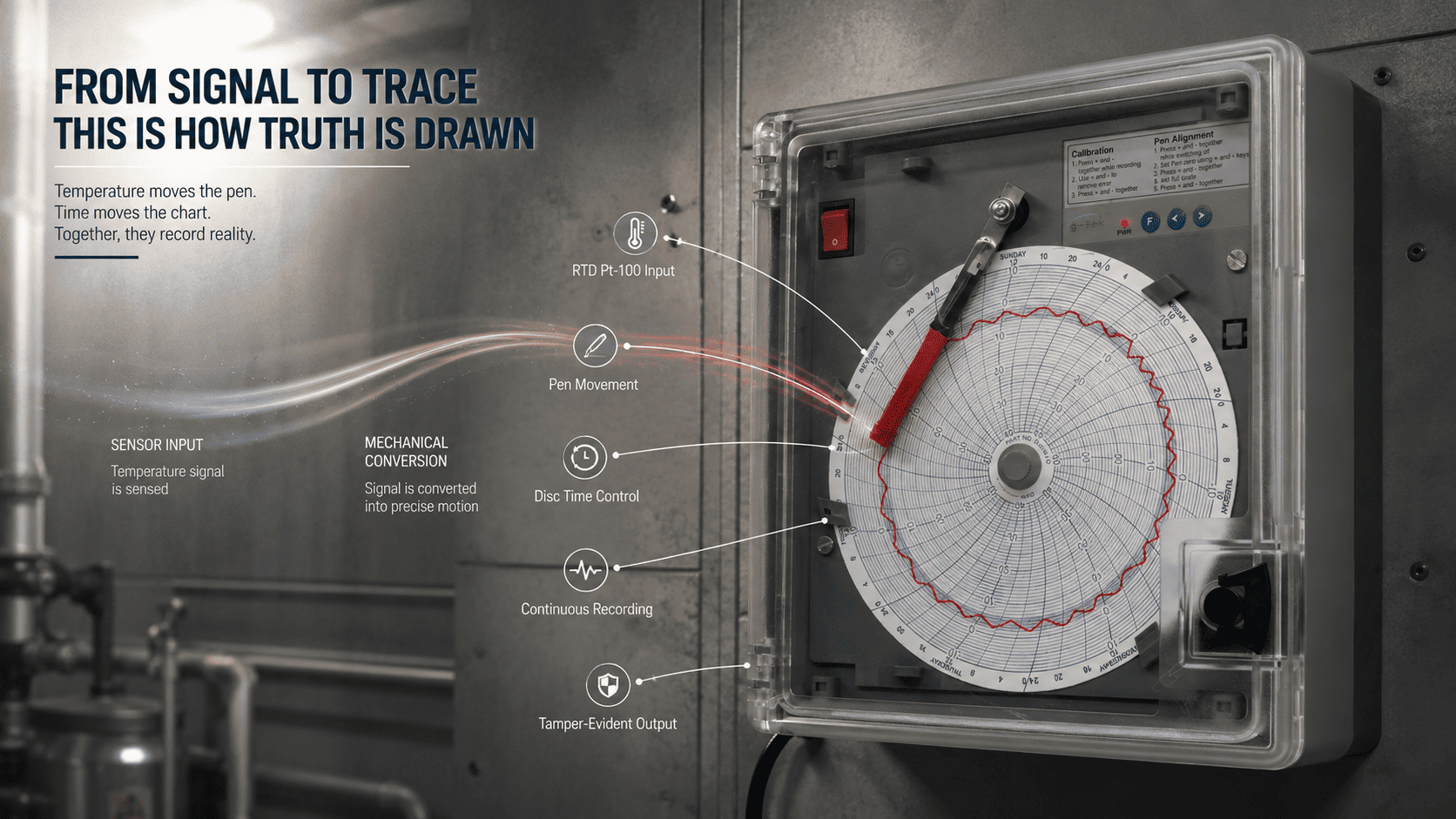Circular chart recorder showing sensor pen and rotating paper chart