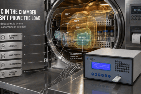 Autoclave load temperature monitoring at the coldest point