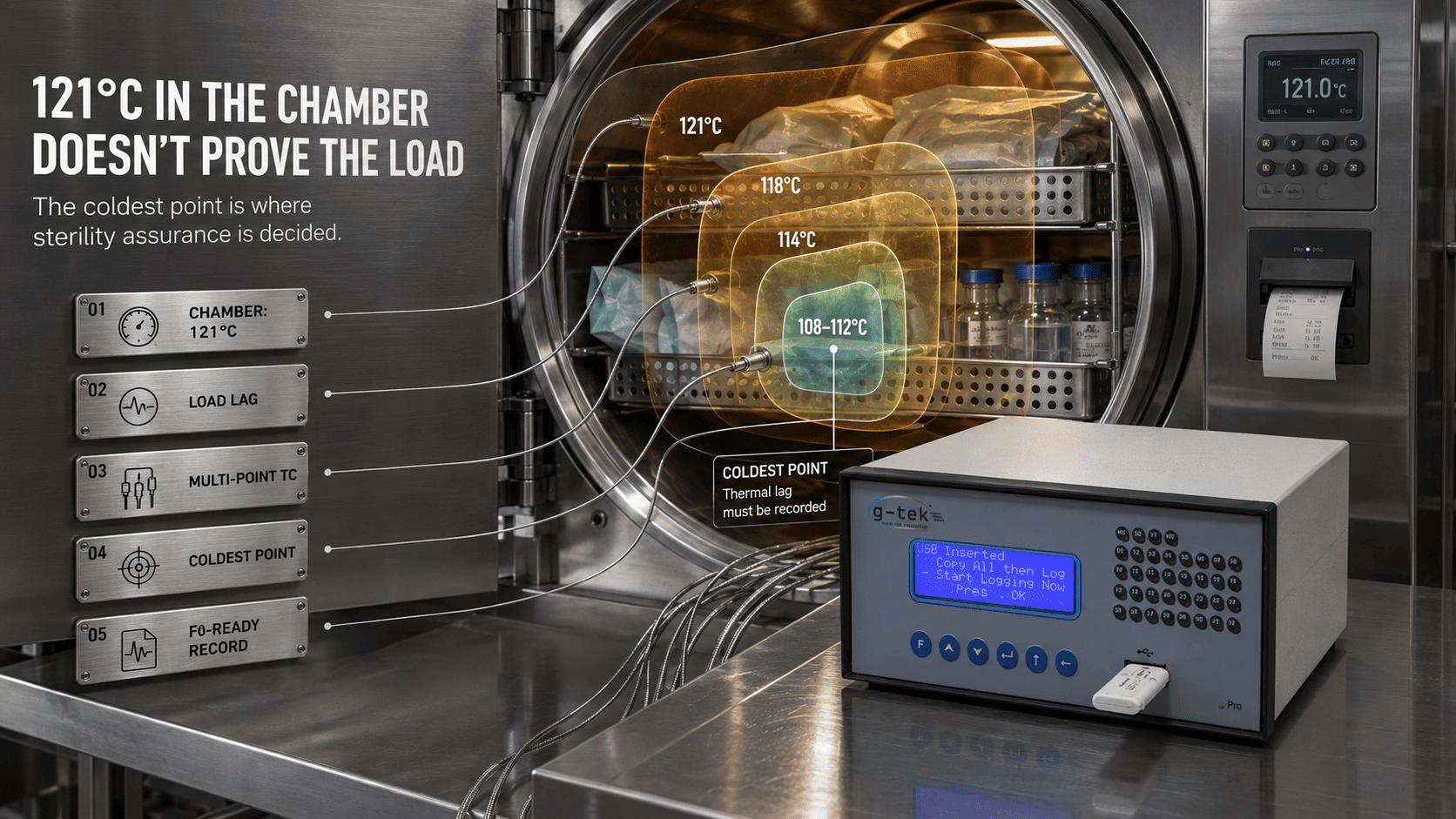 Autoclave load temperature monitoring at the coldest point