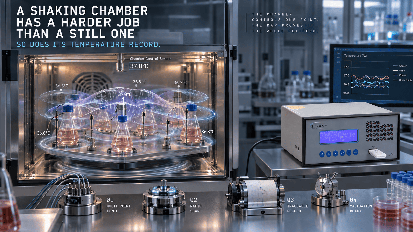 Incubated shaker with flasks during temperature mapping