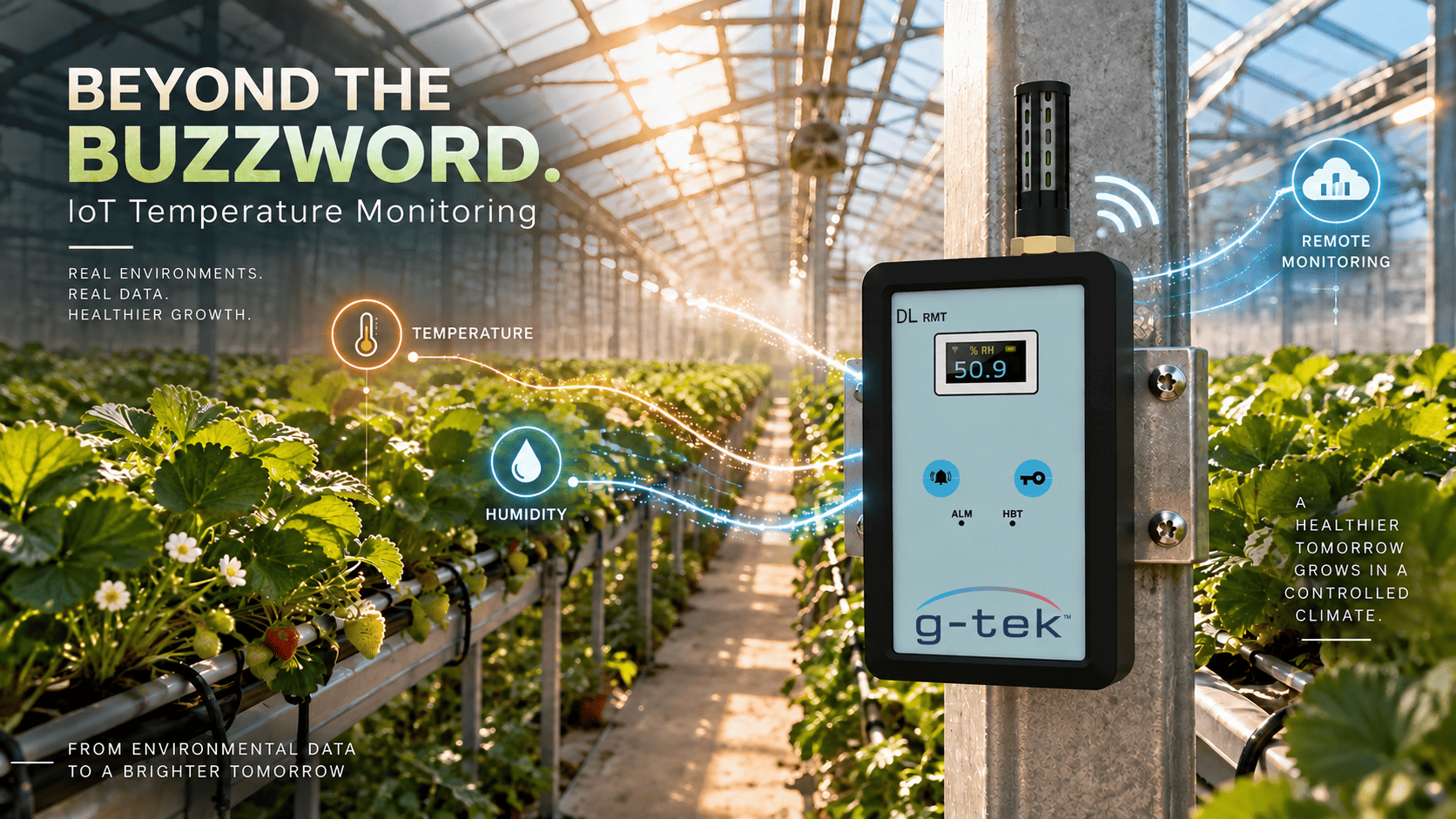 IoT temperature monitoring device measuring greenhouse conditions with remote connectivity