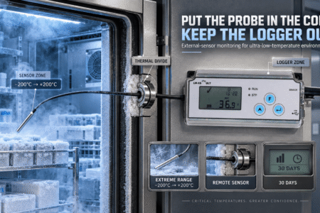 External-sensor data logger with temperature probe inside an ultra-low freezer