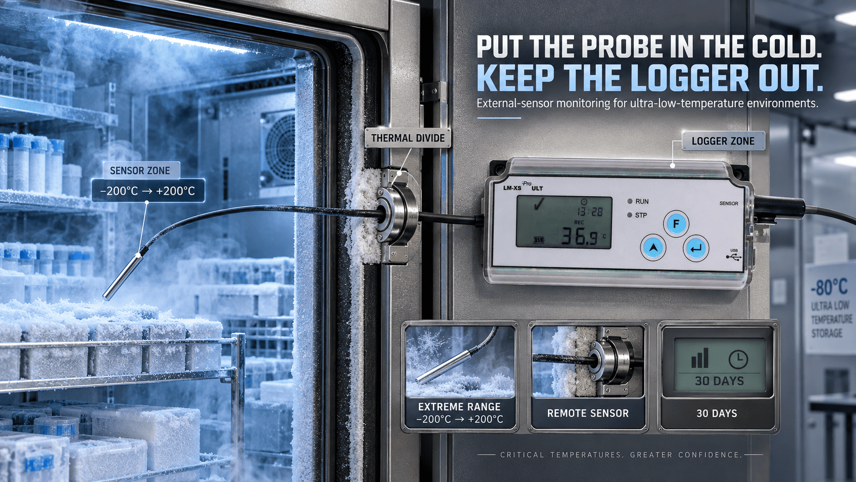 External-sensor data logger with temperature probe inside an ultra-low freezer