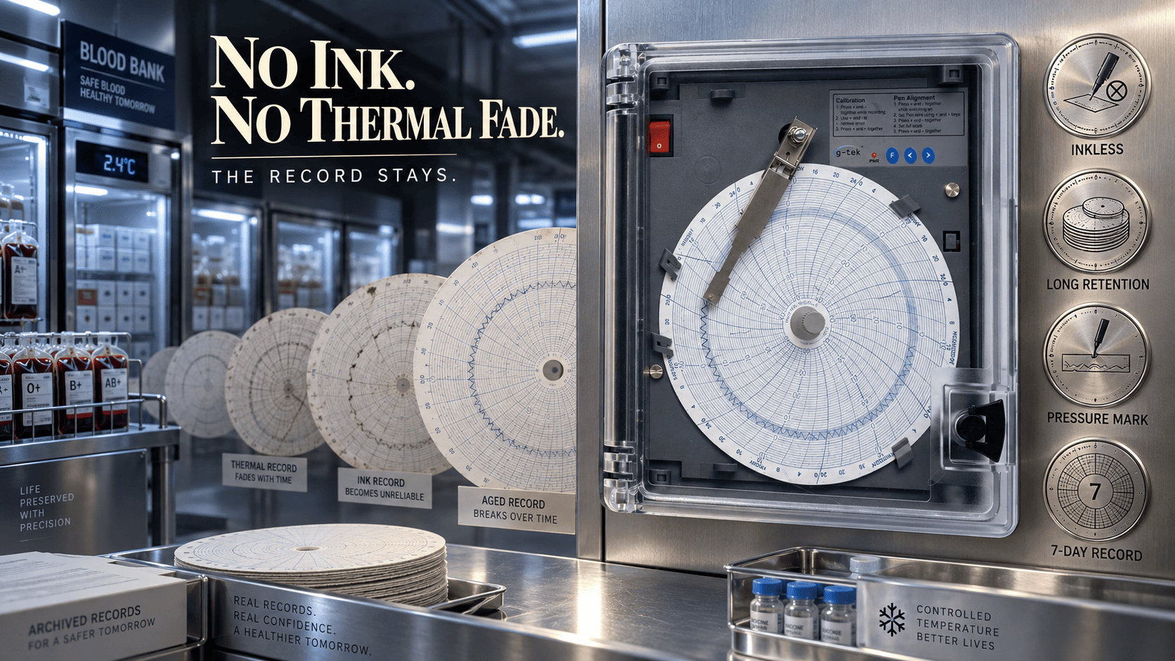 Inkless chart recorder with a circular temperature chart