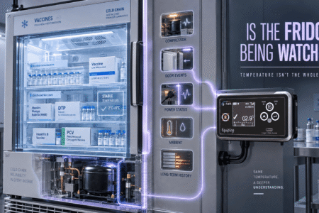 Equipment monitoring device on a vaccine refrigerator