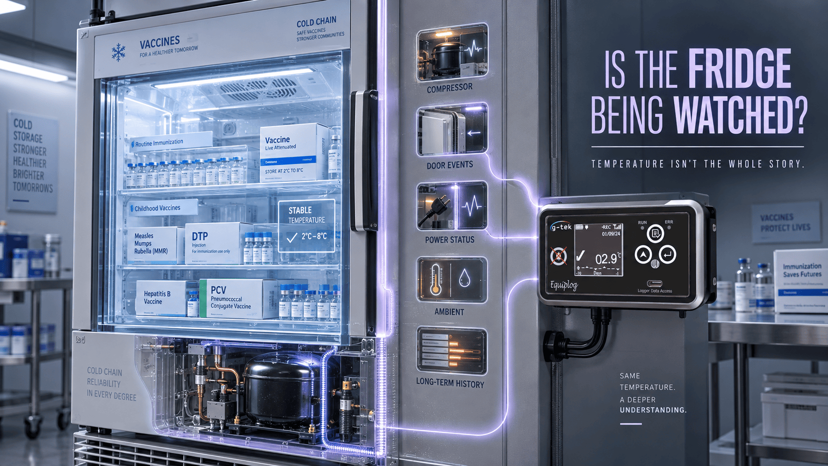 Equipment monitoring device on a vaccine refrigerator