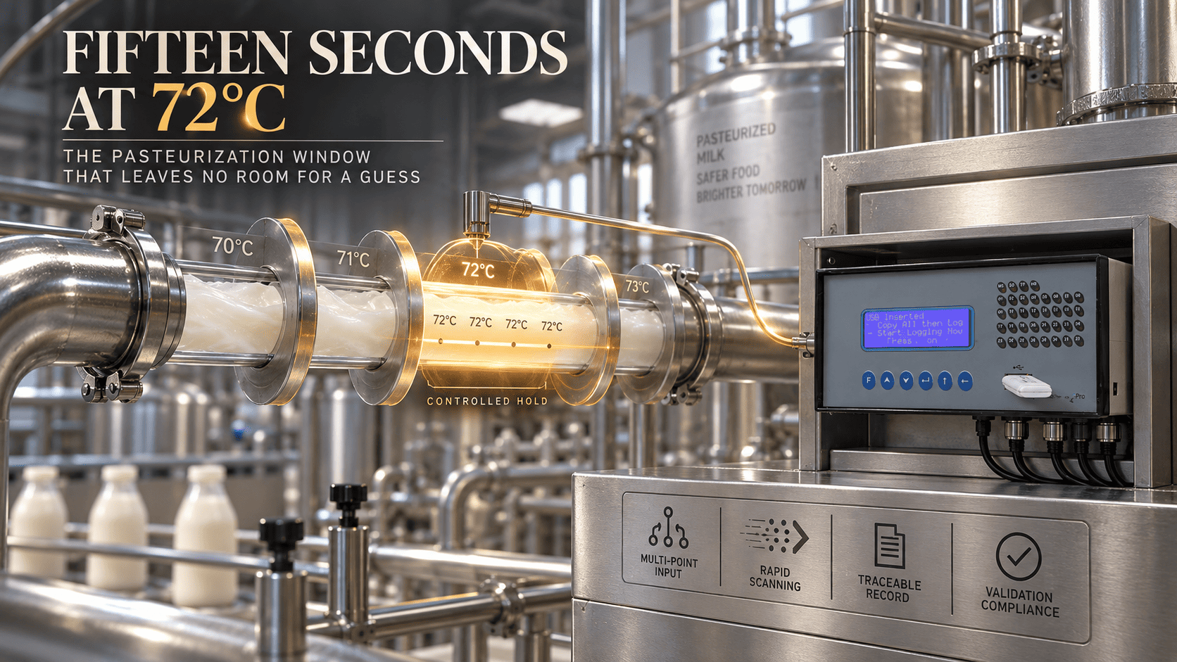 Pasteurization temperature recording on a dairy line