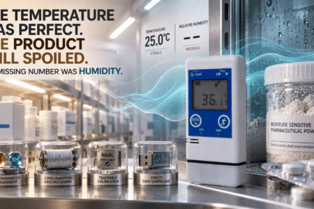 Data logger monitoring moisture-sensitive products in storage