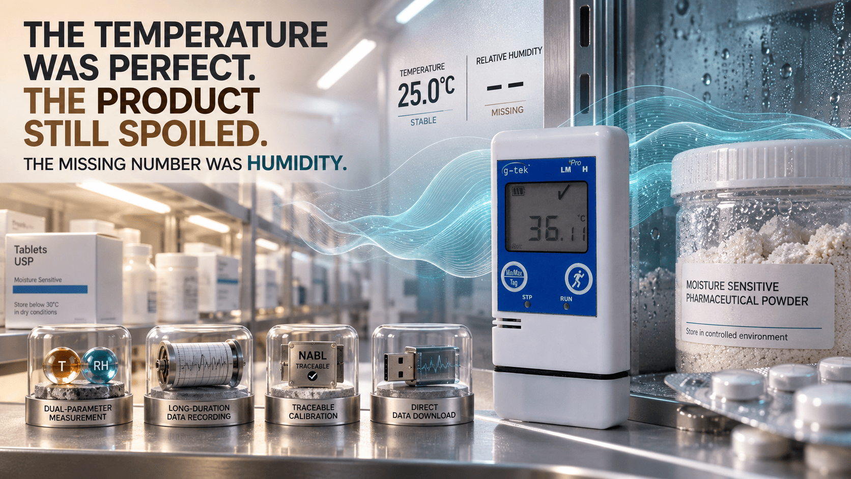 Data logger monitoring moisture-sensitive products in storage